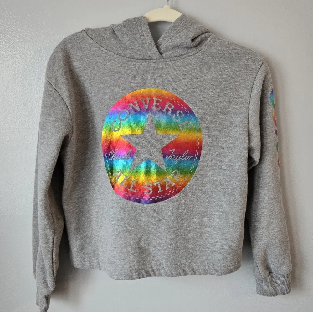 Converse Girls Bundle: 2 Gray Cropped Hoodies Size Large 12-13 Rainbow & Pastel